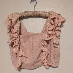 Altar'd State Blush Pink Eyelet Ruffle Crop Top Sz Large
